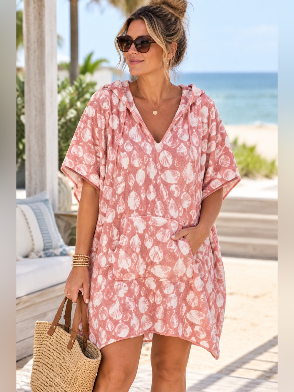 Tuckernuck Tnuck Beach Coral Seashell Terrycloth Hooded Coverup XL/XXL